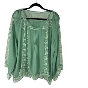 World Market Sage Green Sheer Lace Trim Boho Blouse L XL Women’s